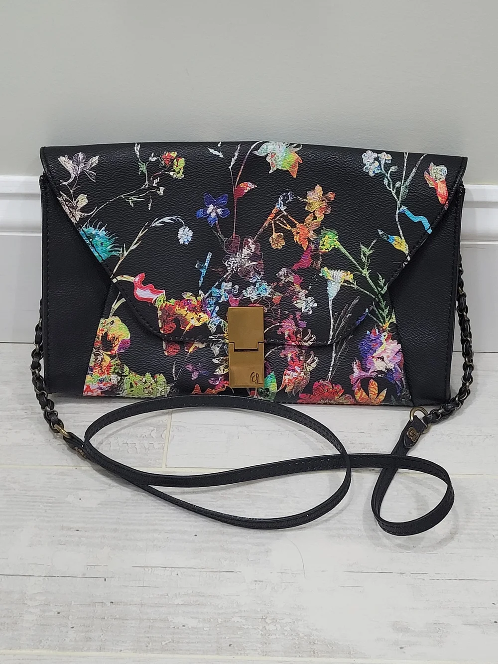 Elliott Lucca Black Floral Envelope Crossbody Clutch with Gold Lock